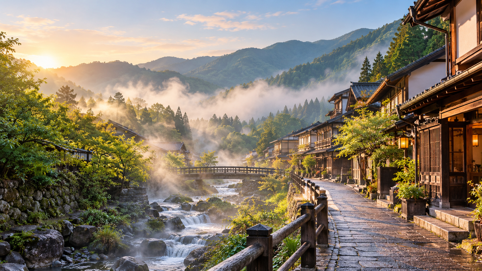 산자락과 전통 거리, 물길이 이어지는 여행 풍경 일러스트